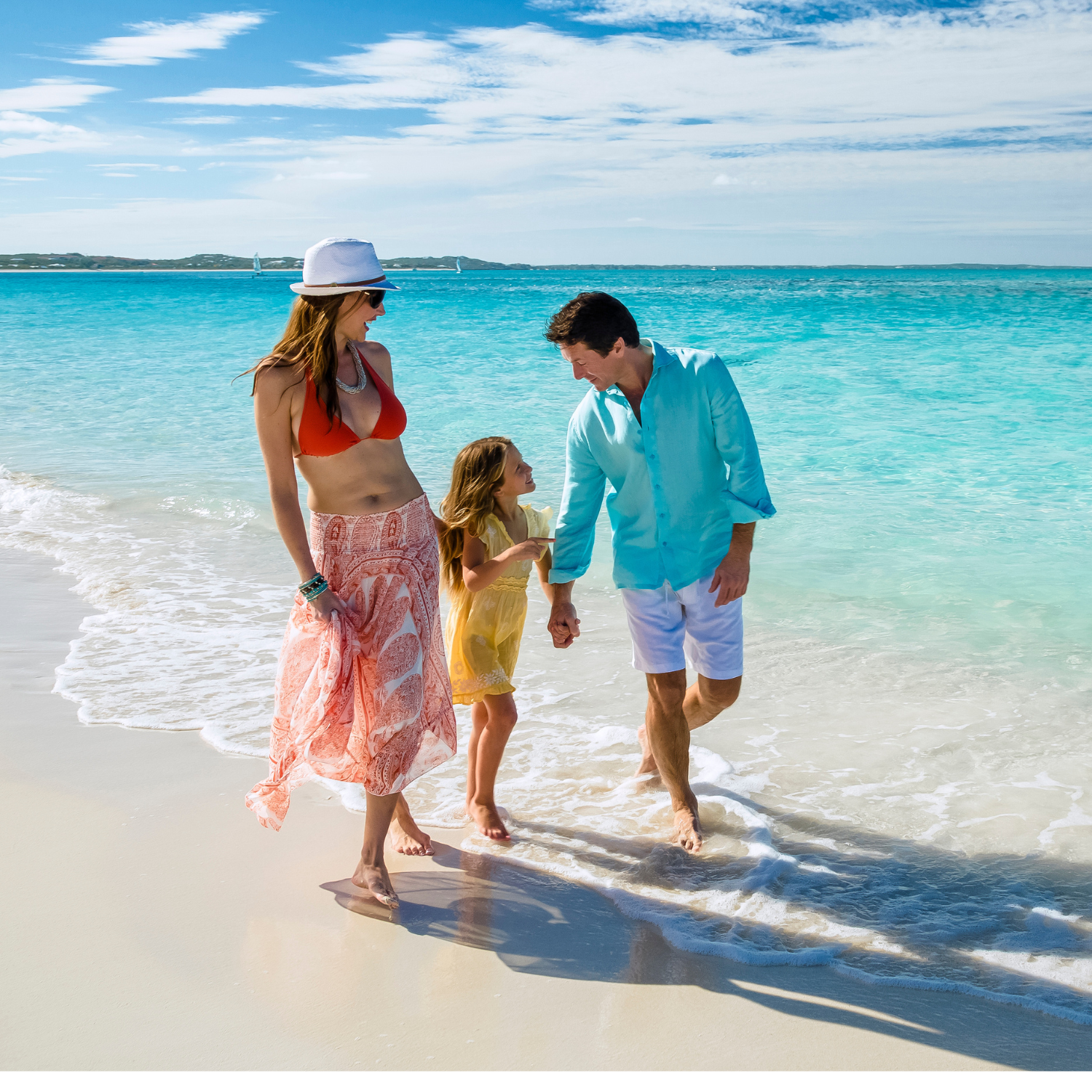 A family of three walks along a sandy beach. The woman wears a white hat, red bikini top, and patterned skirt. The man is in a turquoise shirt and white shorts. The young girl in a yellow dress holds their hands. The ocean is turquoise under a blue sky. A family of three walks along a sandy beach. The woman wears a white hat, red bikini top, and patterned skirt. The man is in a turquoise shirt and white shorts. The young girl in a yellow dress holds their hands. The ocean is turquoise under a blue sky.