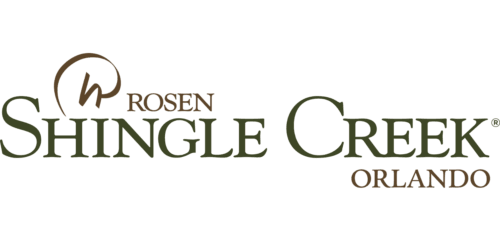 Logo for Rosen Shingle Creek Orlando, featuring stylized green and brown text with a circular emblem containing a lowercase "r" above the word "Rosen.