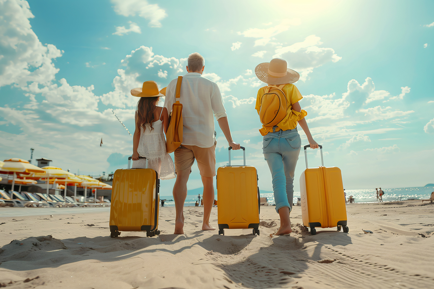 Three people on a sunny beach walk towards the sea, each pulling a yellow suitcase. They wear summer clothing, straw hats, and sunglasses. The sky is partly cloudy, and there are sun loungers and umbrellas nearby.