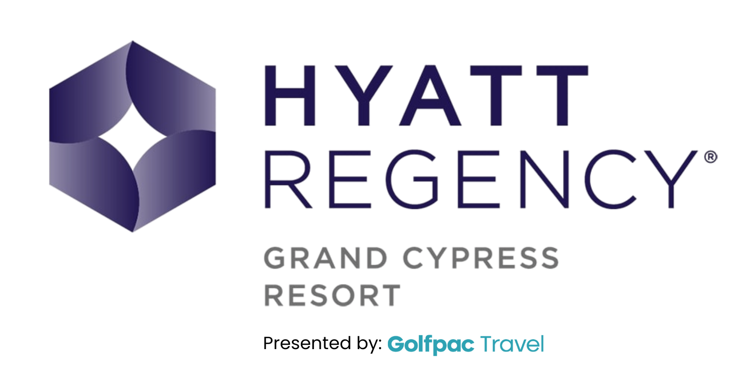 Logo for Hyatt Regency Grand Cypress Resort with a purple geometric icon on the left and the text “HYATT REGENCY GRAND CYPRESS RESORT” and “Golfpac Travel” below in blue.