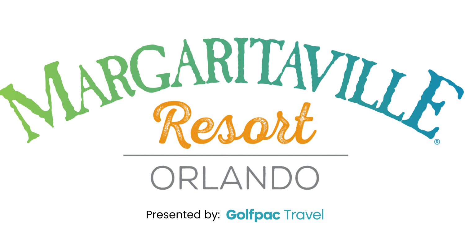 Logo for Margaritaville Resort Orlando. The text is colorful, with "Margaritaville" in green and blue, "Resort" in orange script, "Orlando" in gray, and "Golfpac Travel" in blue below.