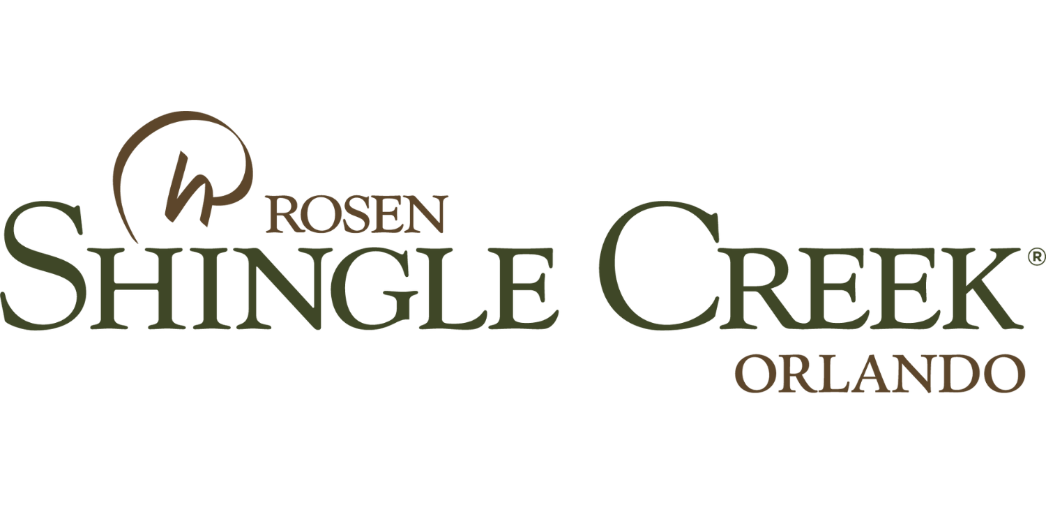 Logo for Rosen Shingle Creek Orlando, featuring stylized green and brown text with a circular emblem containing a lowercase “r” above the word “Rosen. Logo for Rosen Shingle Creek Orlando, featuring stylized green and brown text with a circular emblem containing a lowercase "r" above the word "Rosen.