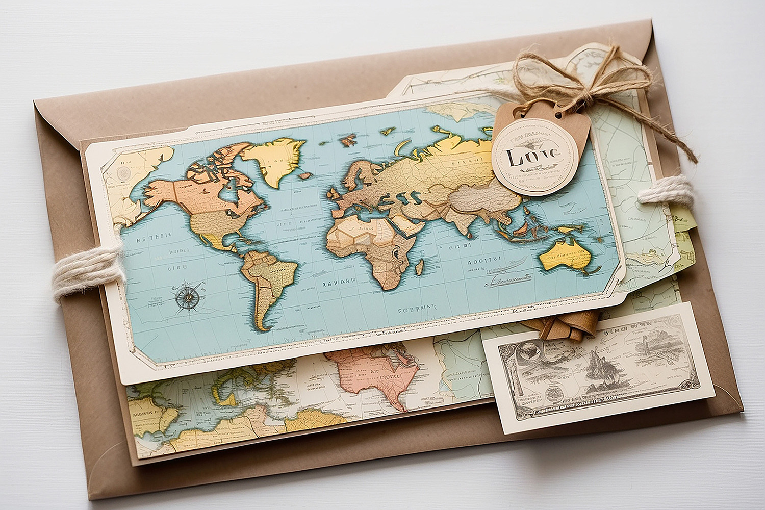 A vintage-style world map card with decorative tags and twine rests on a brown envelope, accompanied by an old-fashioned map postcard, creating a rustic, travel-themed arrangement.