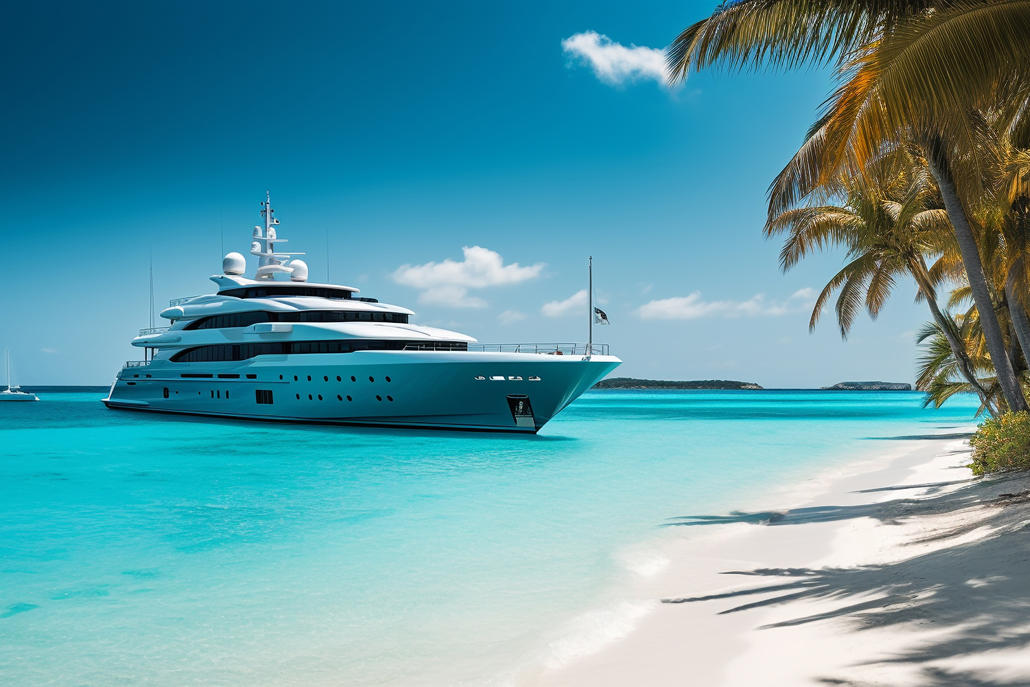 A large luxury yacht floats on clear turquoise water near a tropical beach with white sand and palm trees under a sunny blue sky.
