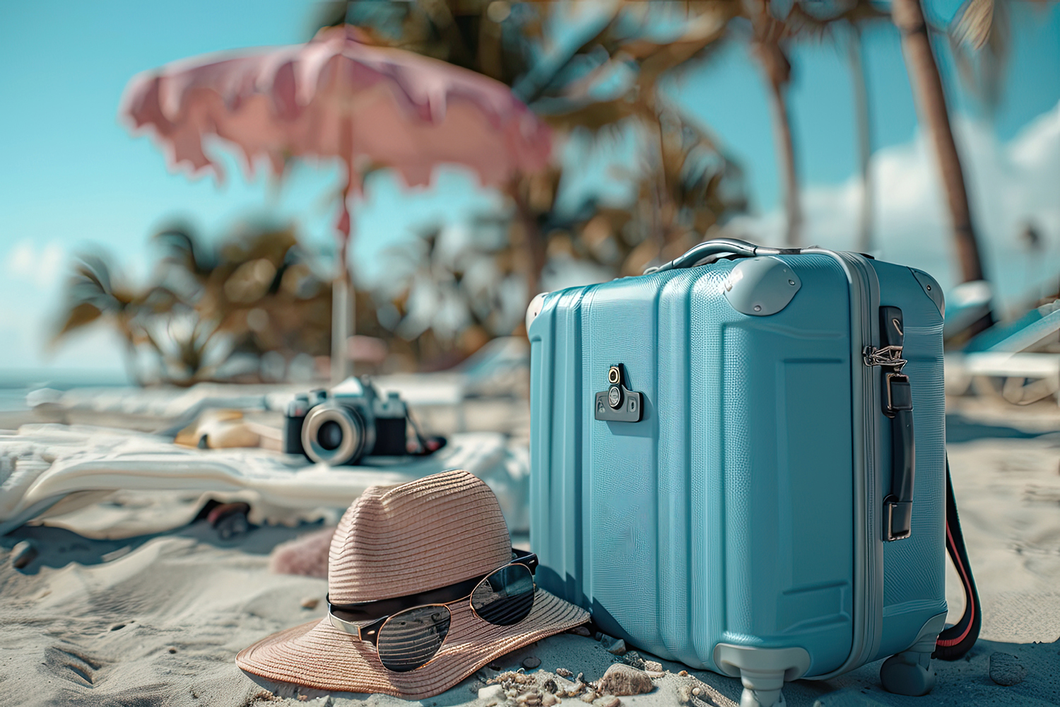 A blue suitcase, straw hat, and sunglasses rest on sandy beach near a pink umbrella. Palm trees, towels, and a camera are blurred in the background under a sunny sky.