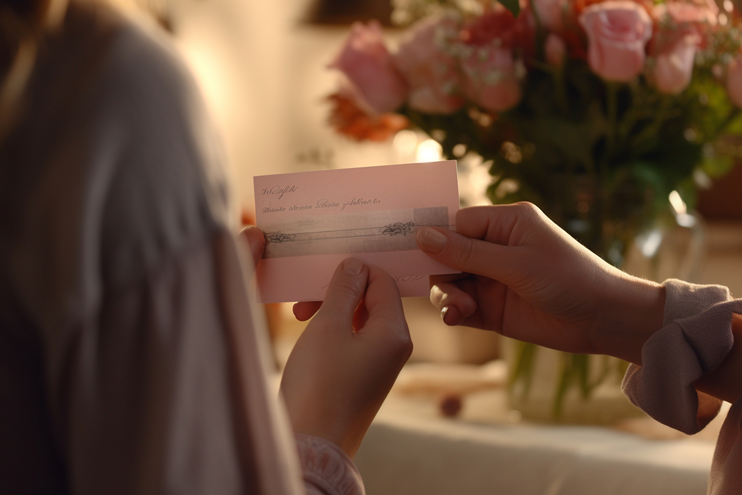 Two people hold a pink envelope together, with a bouquet of pink roses in the background on a table, creating a warm and intimate atmosphere. The focus is on the hands and envelope.