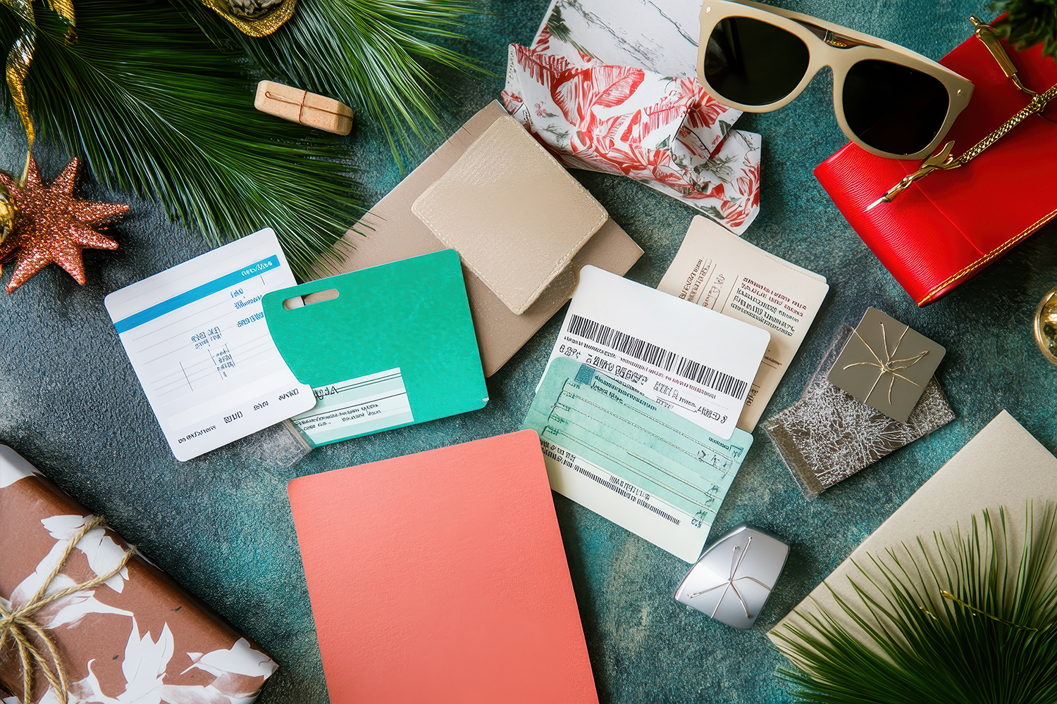 A flat lay of travel essentials including boarding passes, ID cards, sunglasses, a pen, wrapped gifts, and pine branches, arranged on a green surface with holiday decorations.