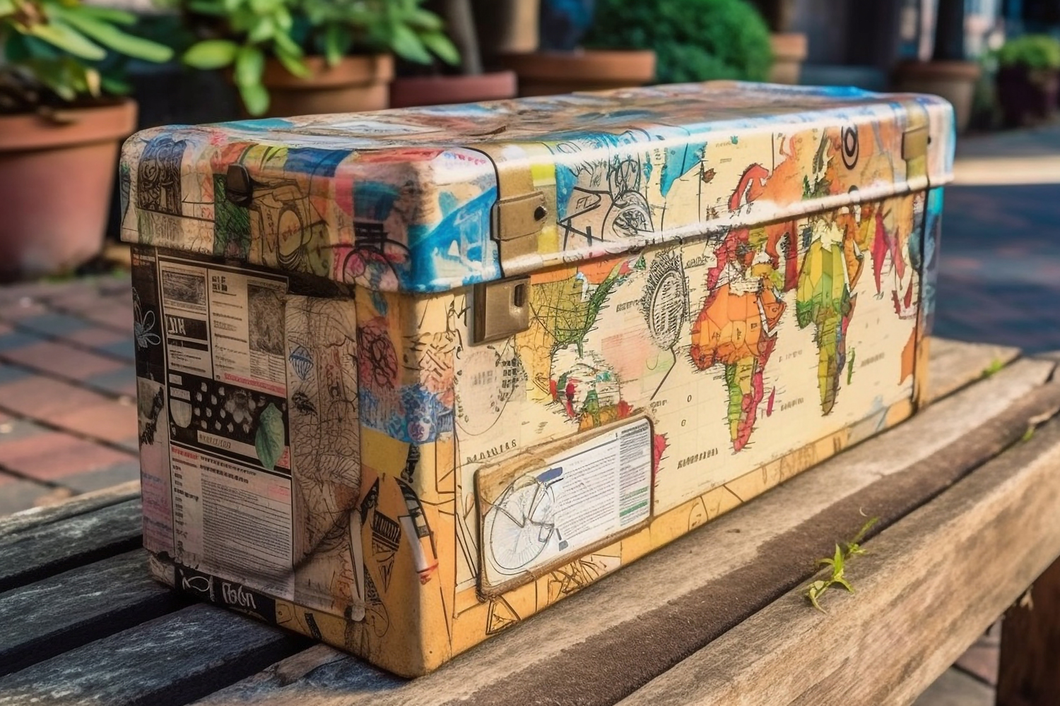 A colorful suitcase covered in world maps, stamps, and travel-themed stickers sits on a wooden bench outdoors, with potted plants and a brick walkway in the background.