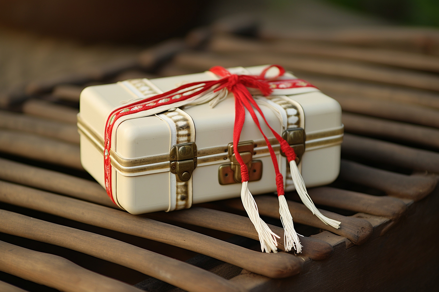 A small, ornate ivory-colored box with gold accents, tied with a decorative red and white string, rests on a wooden slatted surface.