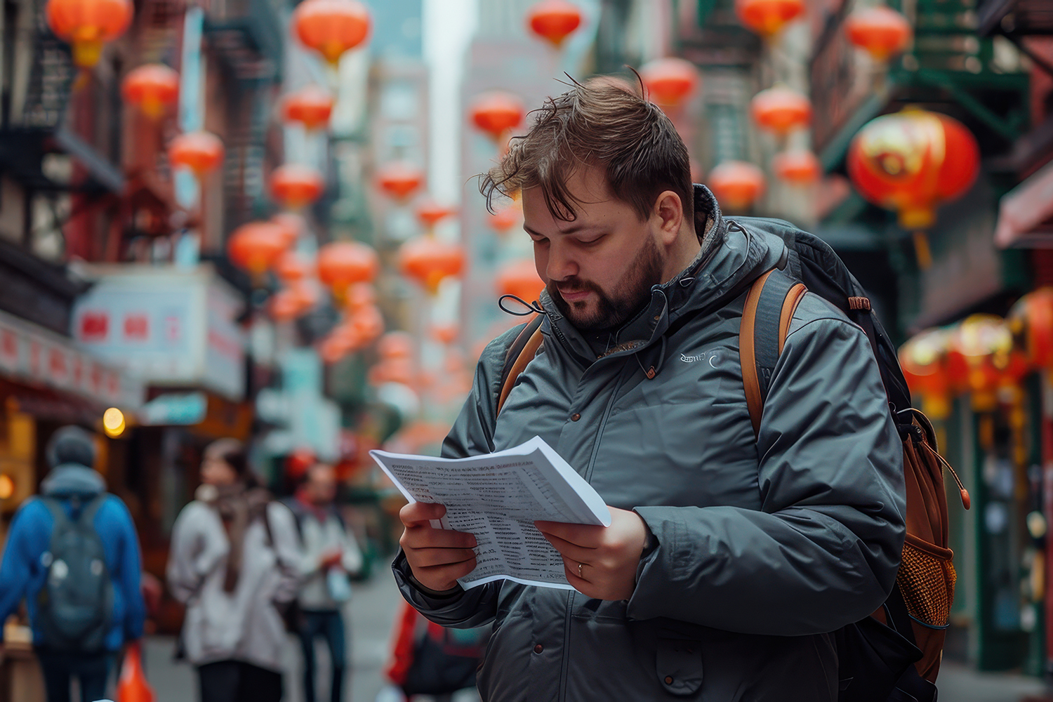A man in a gray jacket and backpack reads a paper while standing in a street decorated with red lanterns. People walk by in the background, suggesting a busy urban setting, possibly during a festival.