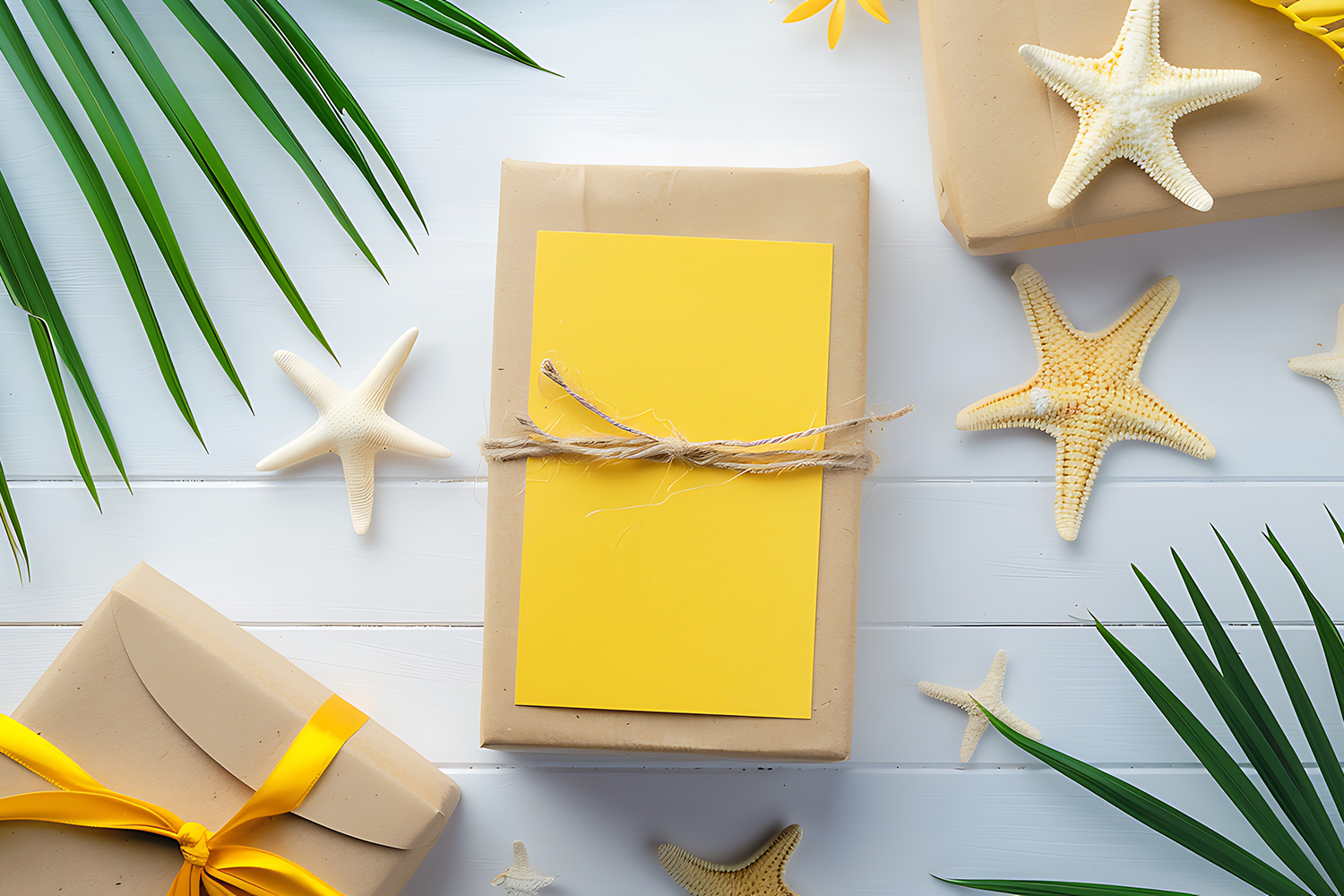 Three wrapped gifts on a white wooden surface, decorated with yellow accents, a twine bow, and a yellow card. Starfish and green palm leaves are arranged around the gifts in a summery beach theme.
