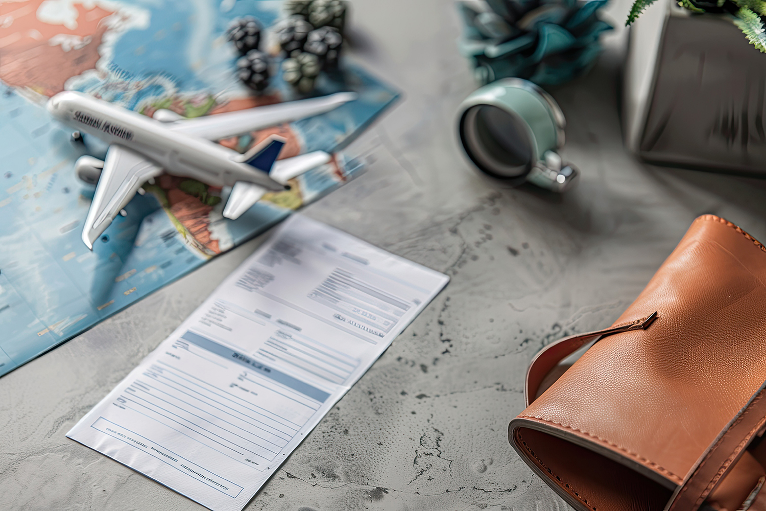 A travel-themed flat lay with a toy airplane on a world map, a magnifying glass, a brown leather bag, a succulent plant, pinecones, and a printed travel document on a gray surface.