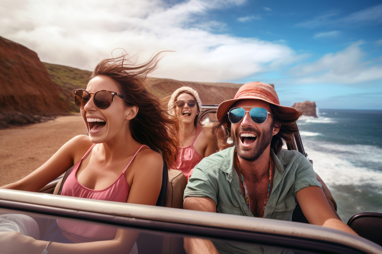 Three friends laugh and enjoy a drive along a scenic coastline in a convertible car. The sky is bright, the ocean waves crash nearby, and everyone is wearing sunglasses with wind in their hair.