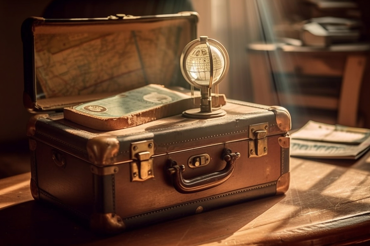 A vintage suitcase with brass corners sits on a wooden table, topped with an old book and a small globe. Sunlight streams in through a window, casting warm, nostalgic light across the scene.