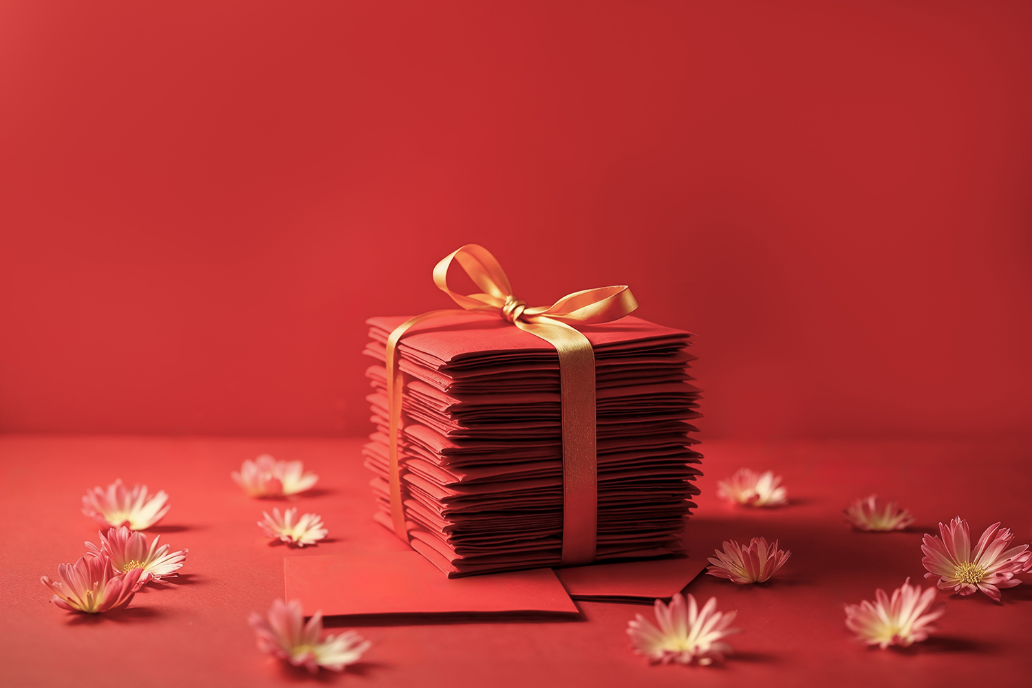 A stack of red envelopes tied with a gold ribbon sits on a red surface surrounded by scattered pink and white flowers, against a red background.