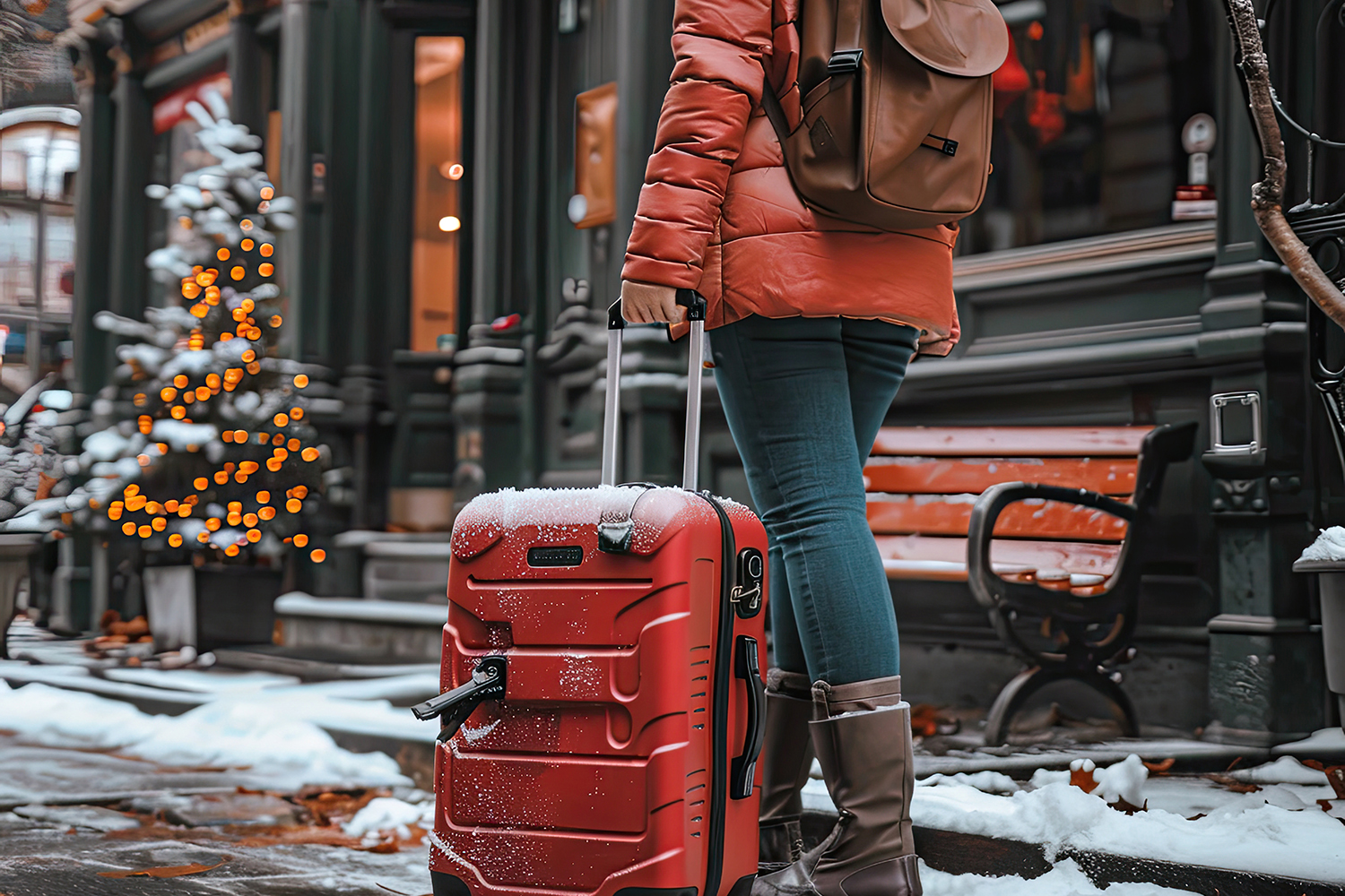 A person in winter clothing stands outdoors on a snowy sidewalk, holding the handle of a red suitcase. A decorated Christmas tree and shopfronts are visible in the background.