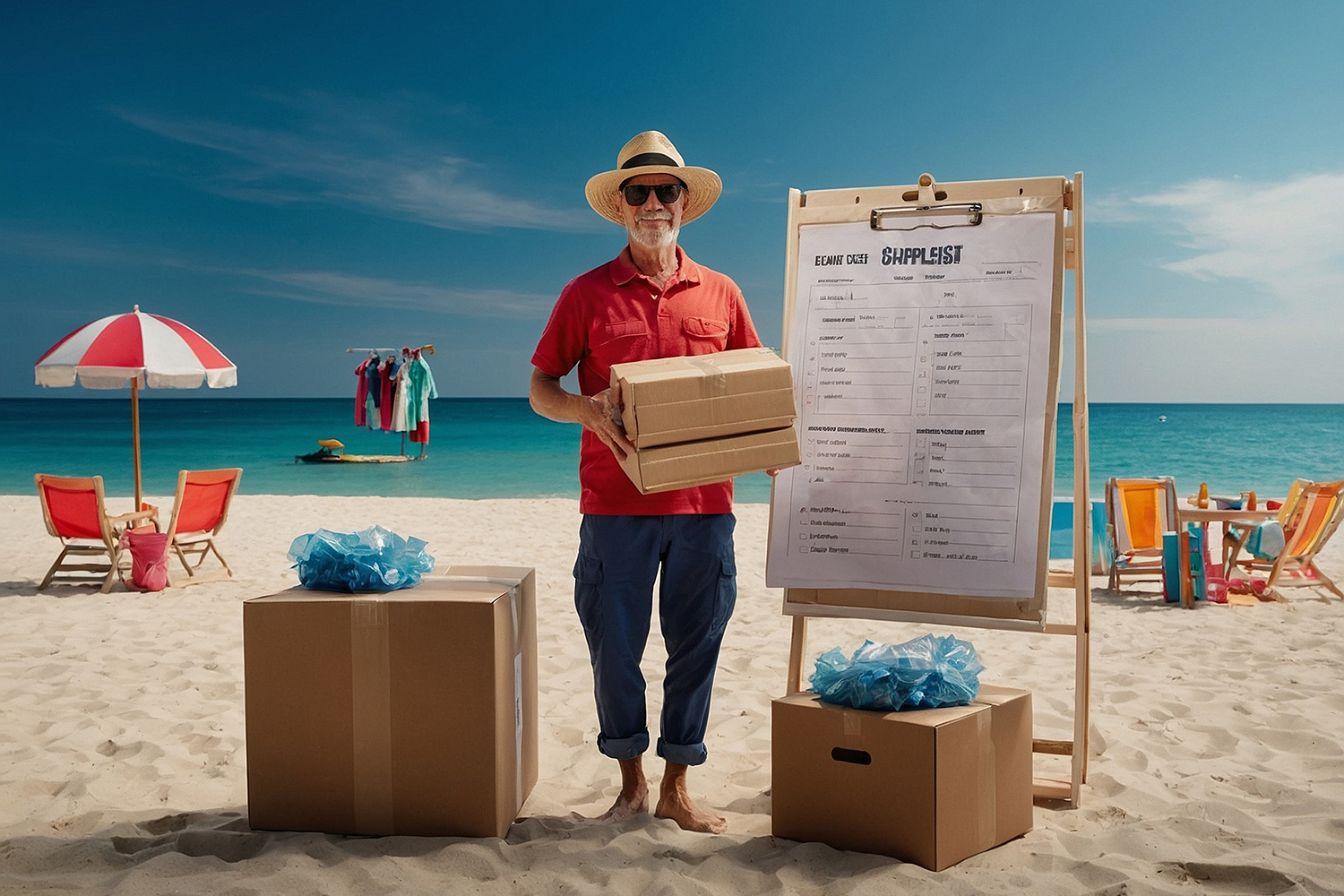 An older man in sunglasses and a straw hat stands on a sandy beach, holding cardboard boxes. Large boxes and a shopping list on an easel are beside him. Colorful chairs, an umbrella, and the sea are in the background.