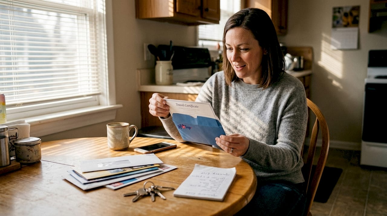 woman unboxing travel certificate at home table