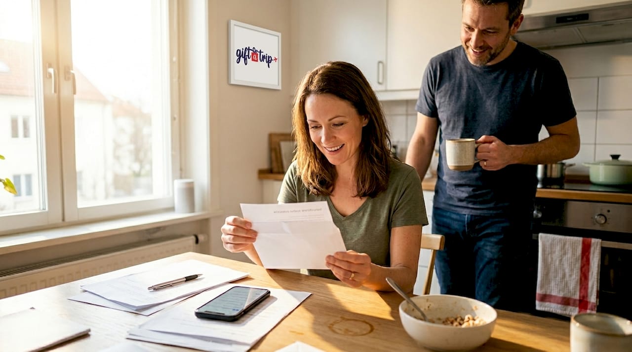 woman opening vacation certificate at kitchen table