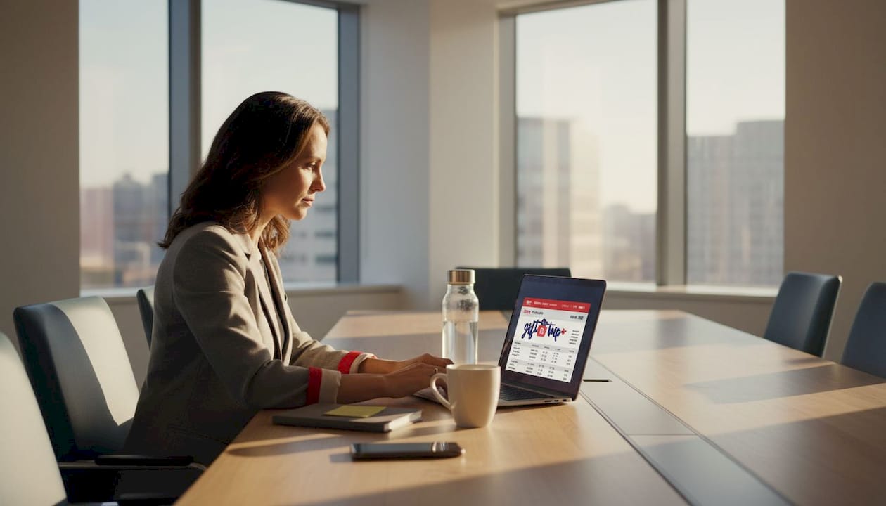 employee viewing travel reward notification in office