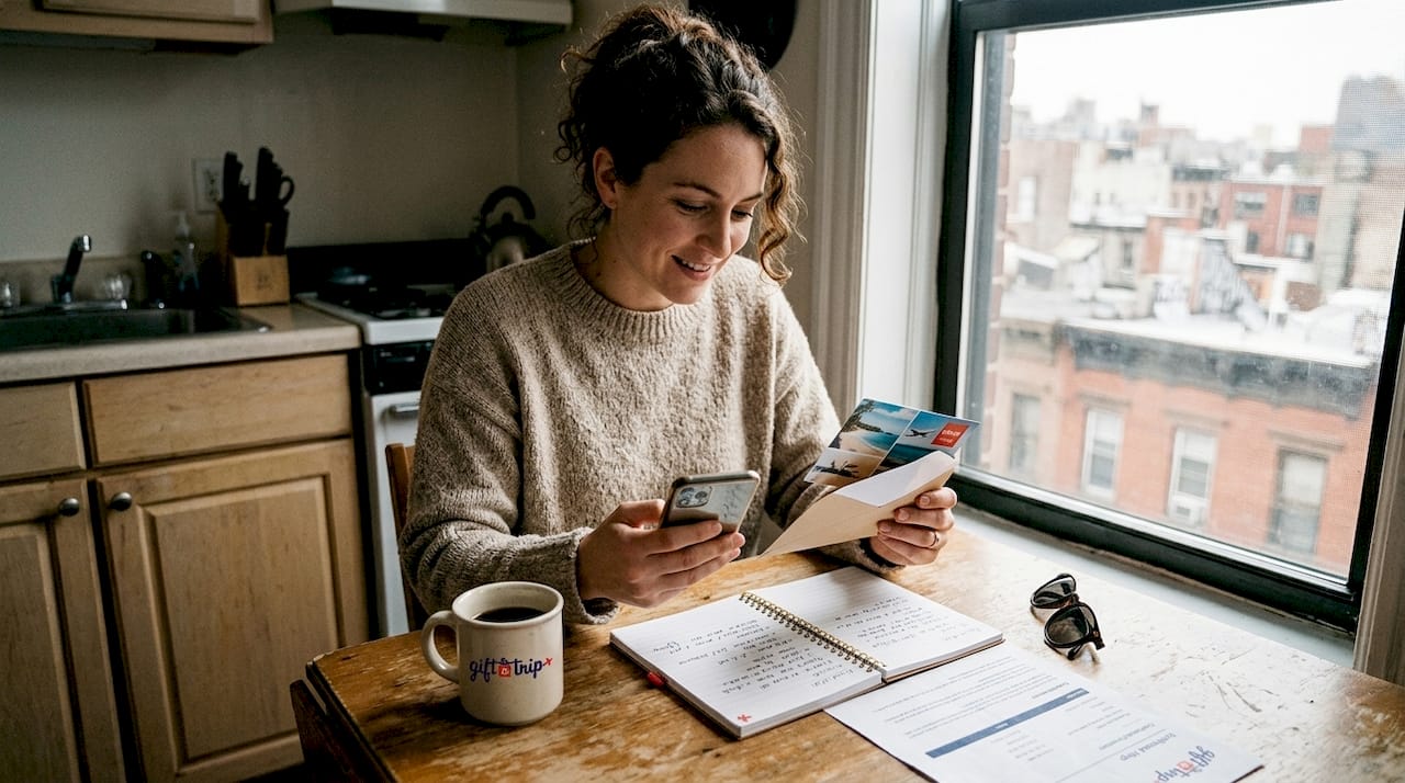 woman opening travel gift card at kitchen table