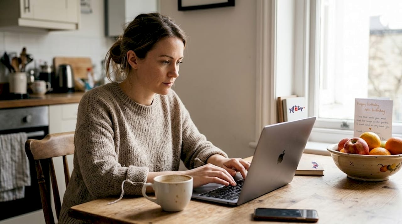 woman sending digital travel gift from kitchen