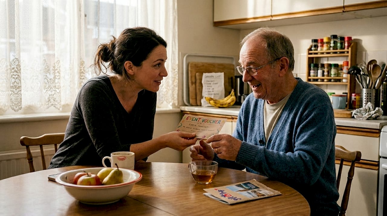 woman giving gift voucher in cozy kitchen