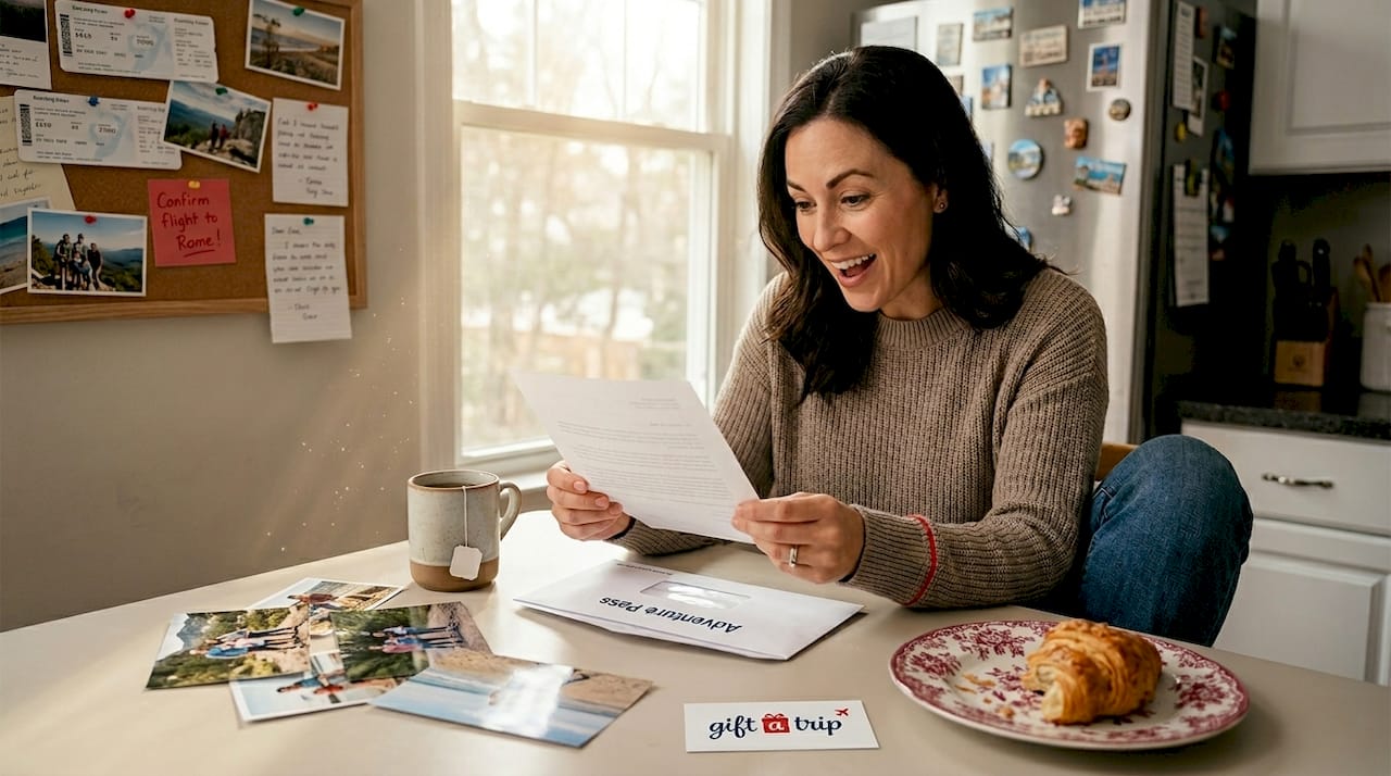 woman opening adventure gift envelope at kitchen table