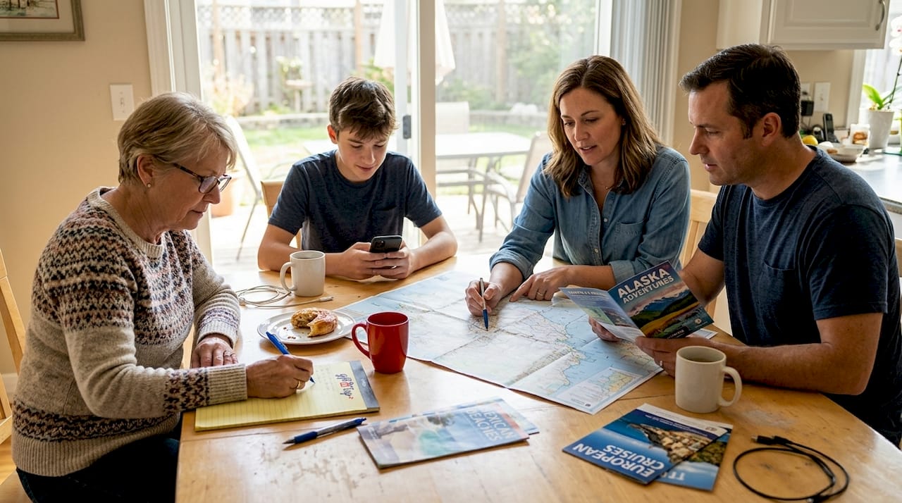 family gathered planning vacation at kitchen table