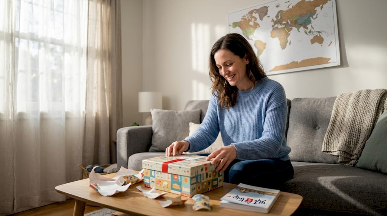 woman opening travel gift in living room