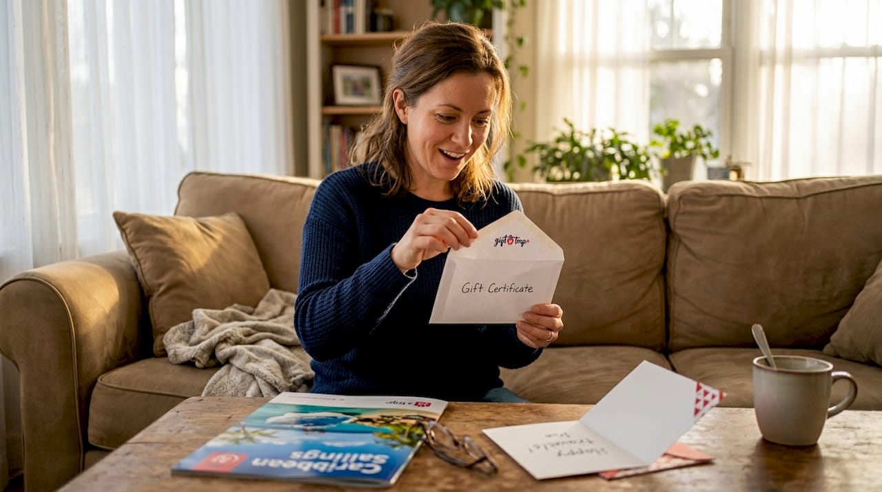 woman opening cruise gift certificate on sofa