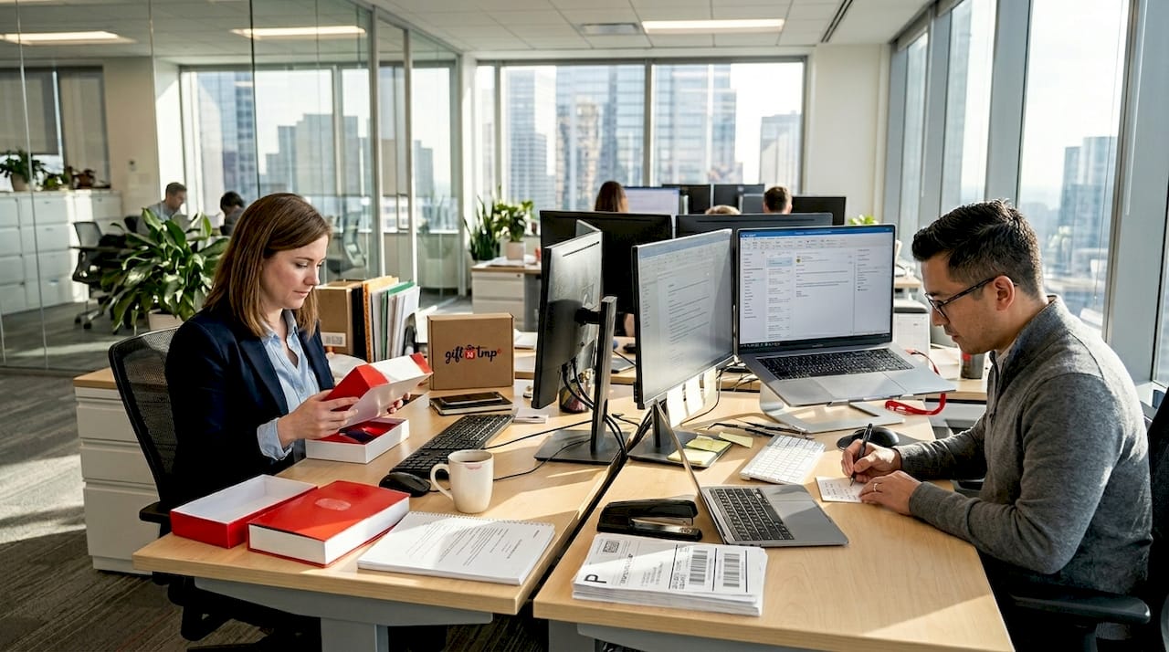 sales professionals preparing gift boxes in office