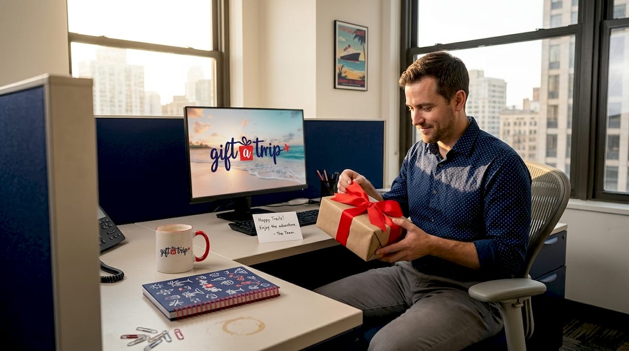 employee opening a gift at office desk