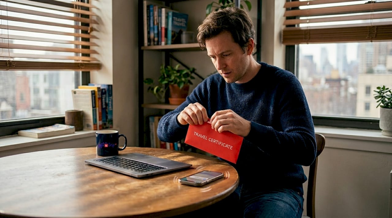 man opens travel certificate at dining table