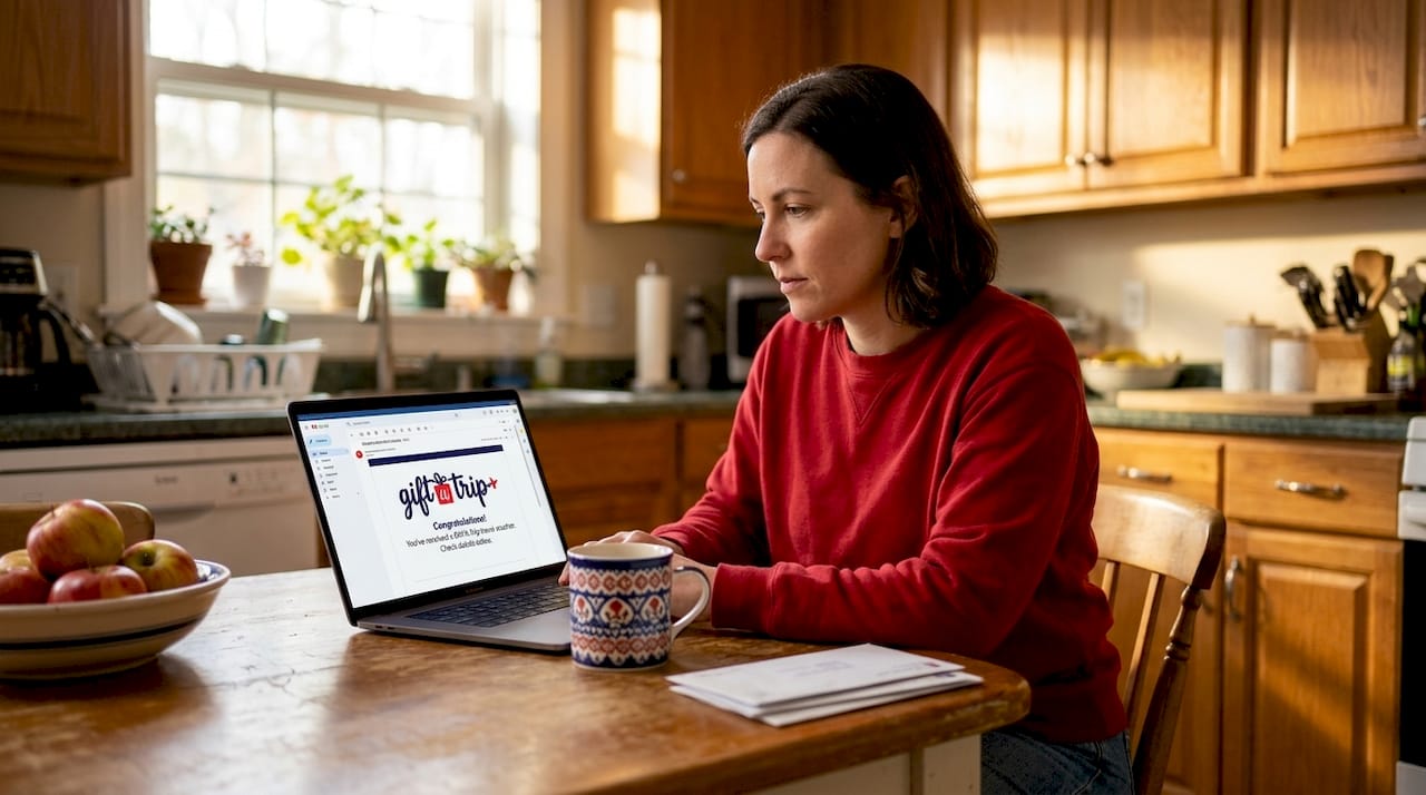 person receiving digital travel voucher at home