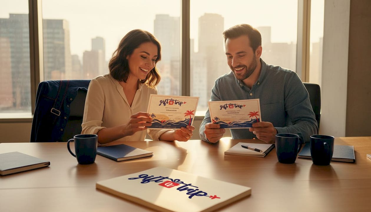 employees opening travel gift certificates at work
