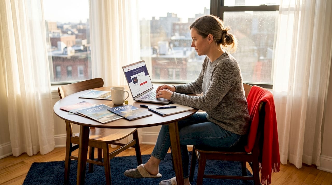 woman selecting travel gift card at home