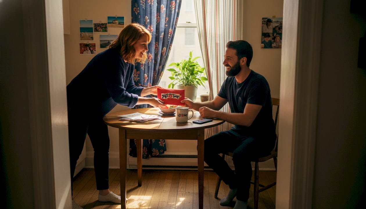 giving travel gift at kitchen table