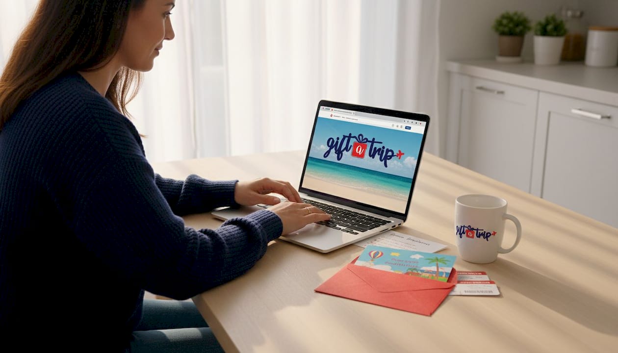 woman choosing travel gift online at kitchen table