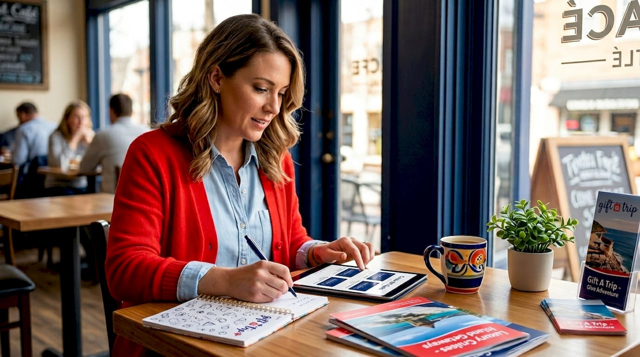 woman comparing cruise gift cards at kitchen table
