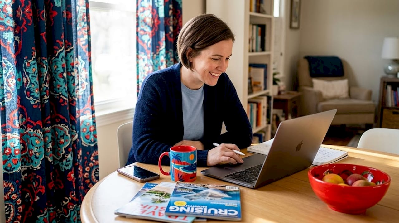 woman purchasing cruise gift card at kitchen table