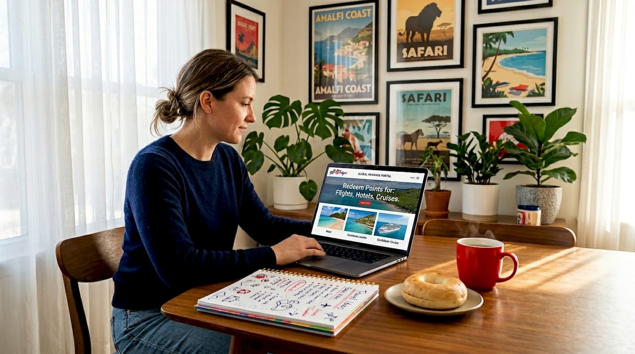 woman researching travel rewards at home table