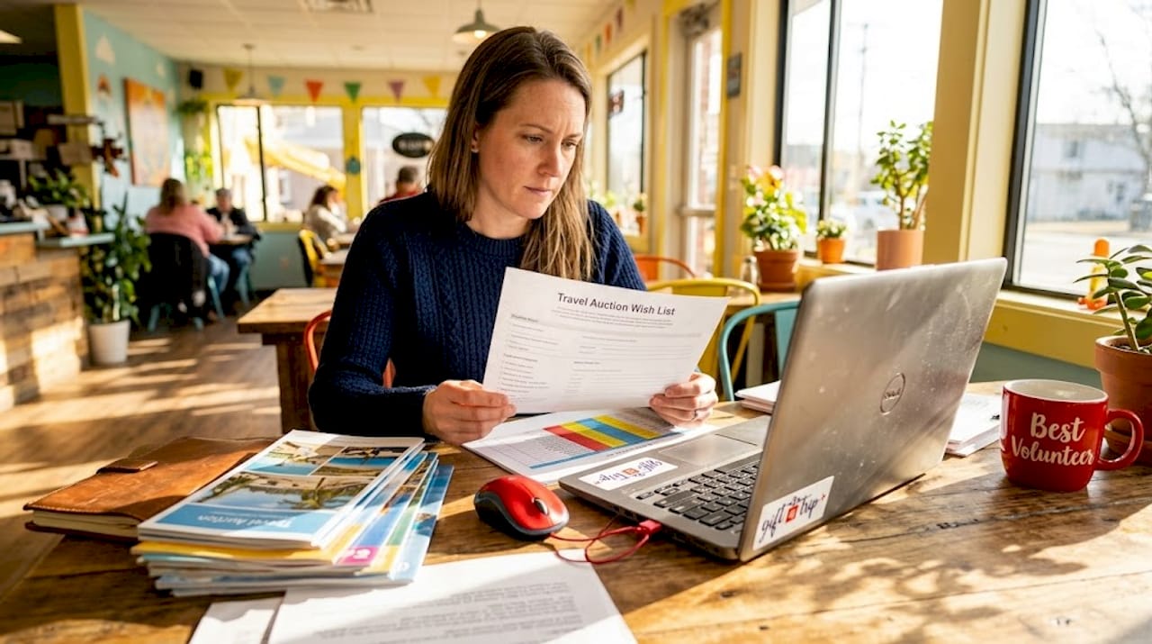 step-by-step charity auction gift certificates guide 6 woman preparing charity auction wish list in kitchen