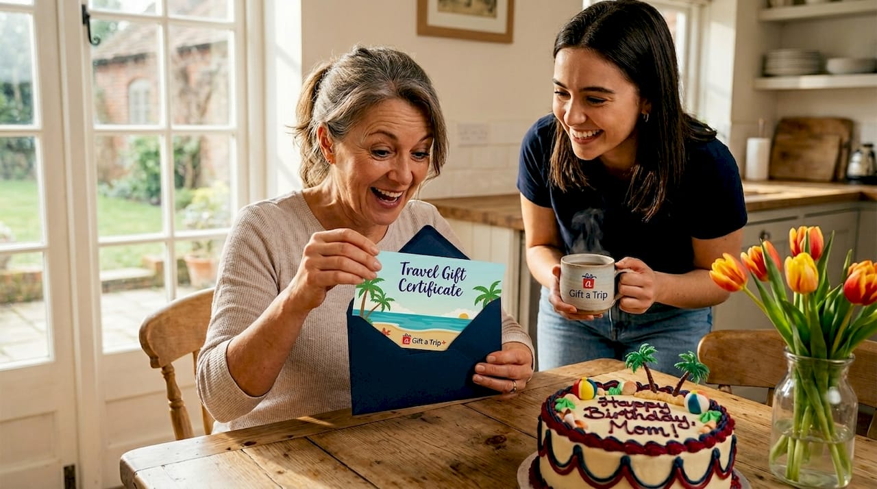 mother receives travel gift certificate at home birthday