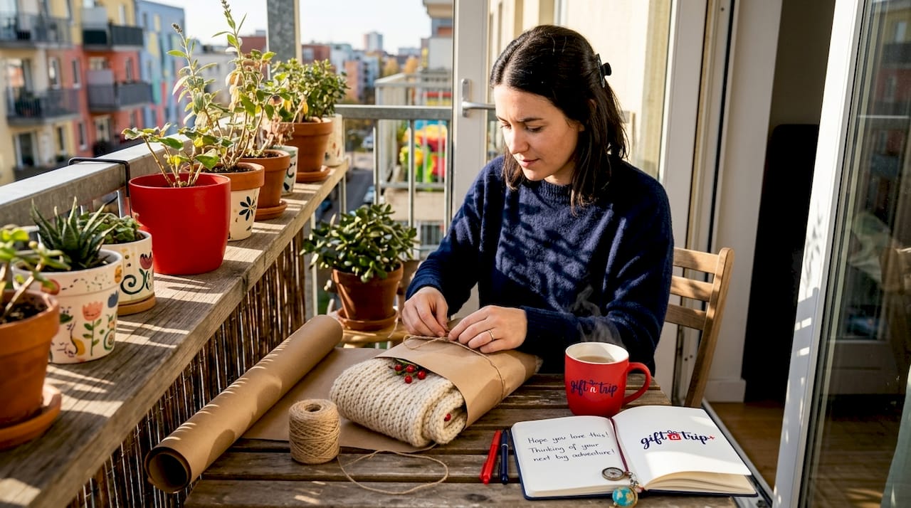 woman wrapping hand-knitted gift at kitchen table