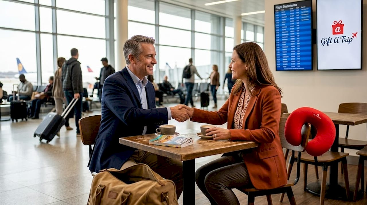 business executive greets client in airport lounge