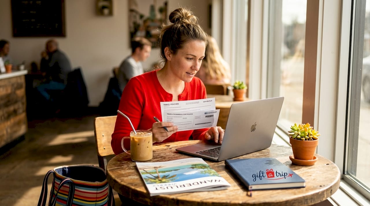 woman checking travel vouchers at kitchen table