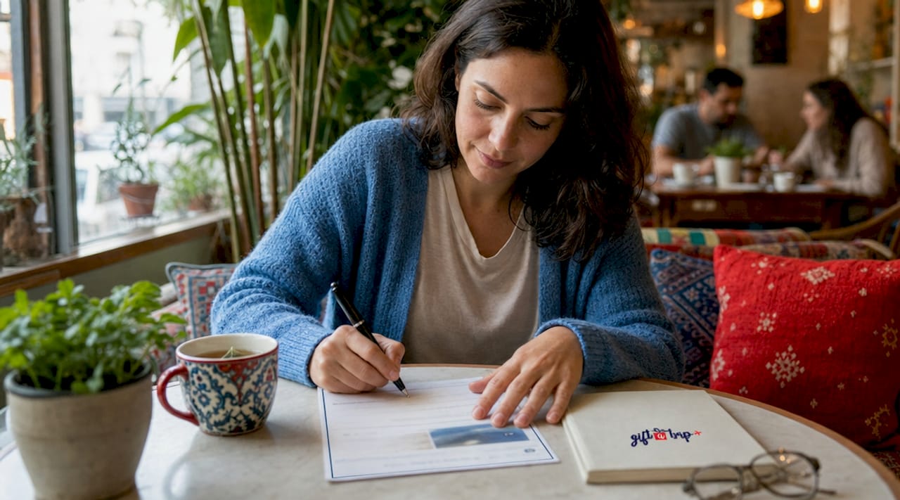 woman writing personal message on travel certificate