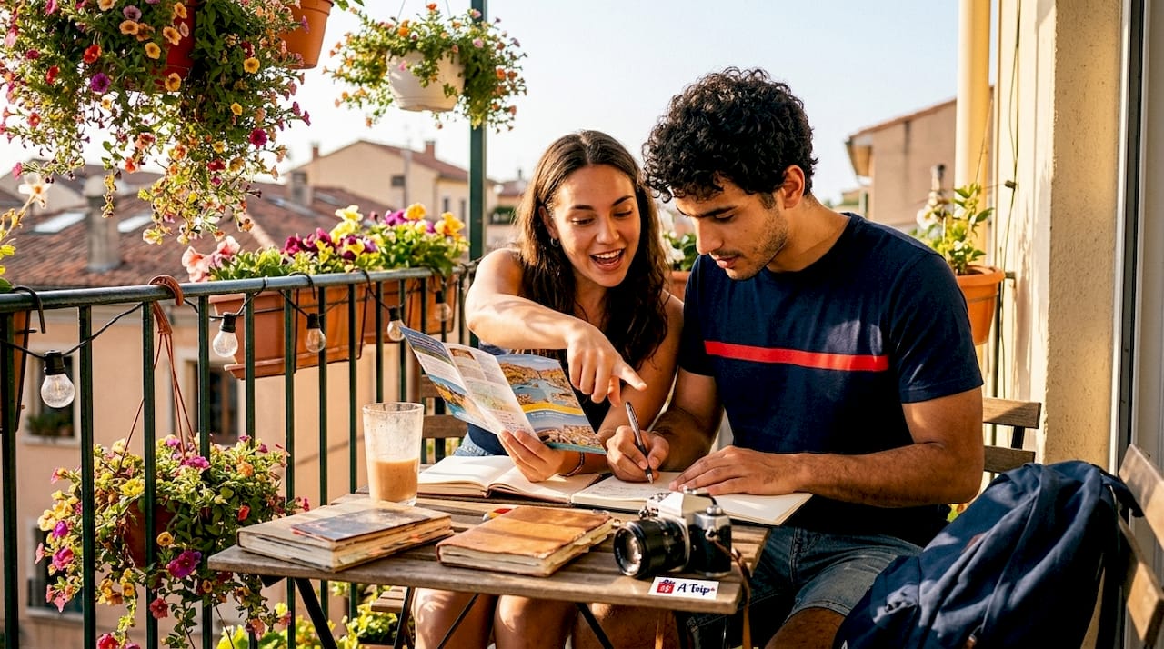couple planning honeymoon travel at kitchen table