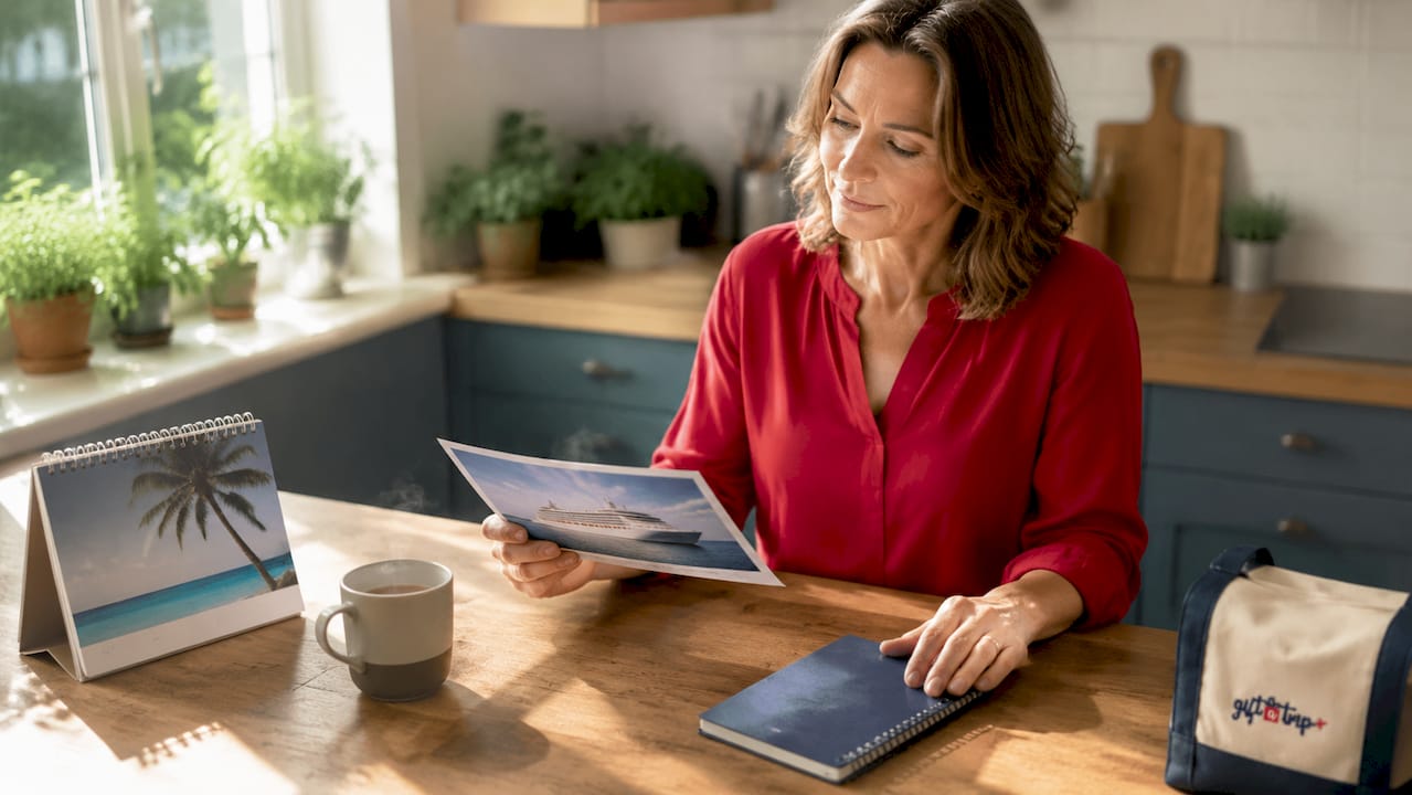 woman reviewing cruise certificate voucher at home desk